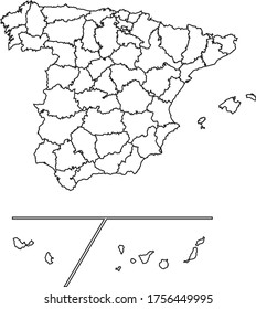 Spain Provinces map in white color and black border on white background. Vector illustration.