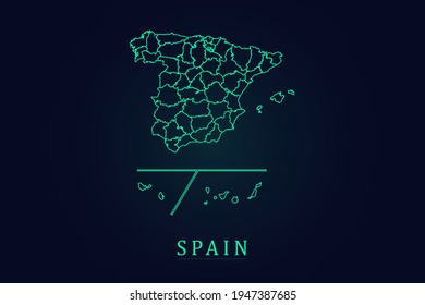 España con provincias Mapa - Mapa Mundial Plantilla vectorial Internacional con un contorno verde delgado o un contorno estilo de esbozo gráfico y color verde aislado en el fondo oscuro - Ilustración vectorial eps 10