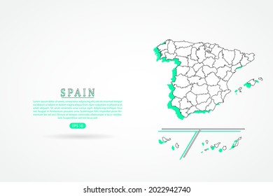 Spain with provinces Map - World Map International vector template with green and outline graphic sketch style isolated on white background - Vector illustration eps 10