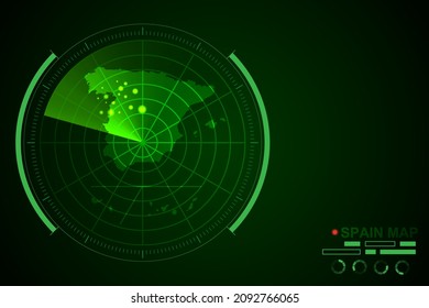 Spain with provinces Map - World Map International vector template with futuristic circle radar style HUD, GUI, UI interface isolated on dark green background - Vector illustration eps 10
