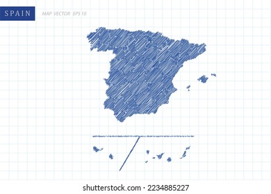 Spain with Provinces Map - World Map International vector template with blue outline graphic and pen drawing sketch style isolated on white grid background for design - Vector illustration eps 10