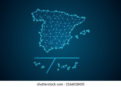 España con Mapa de Provincias - Línea de máscaras del Mapa Mundial y escalas puntuales sobre fondo de tecnología azul. Malla 3D del marco de cables línea de red poligonal, esfera de diseño, punto y estructura - Ilustración vectorial eps 10