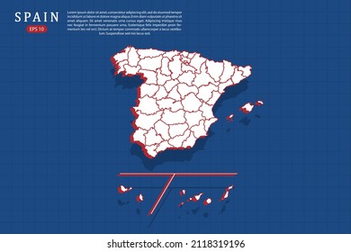 Spain With Provinces Map - World Map Vector Template With Isometric Style With White And Red Color Including Shadow On Blue Grid Background For Website, Infographic - Vector Illustration Eps 10