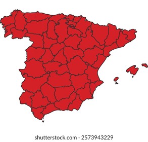 Spain red map with border of regions outline vector