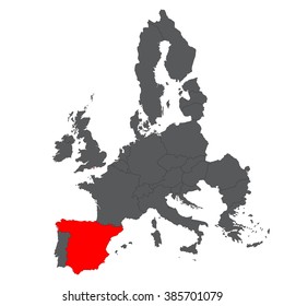 Spain red map on gray Europe map vector
