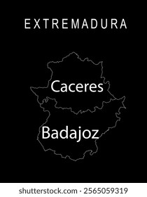 Spain region, autonomous community Extremadura map line contour vector silhouette illustration isolated on black background. Territory include Caceres map and Badajoz map provinces. Europe, EU.