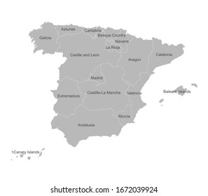 Mapa de la región de España con etiquetas de nombre. Fondo gris. Perfecto para conceptos de negocio, fondos, fondo, póster, pegatina, banner, etiqueta y papel tapiz.