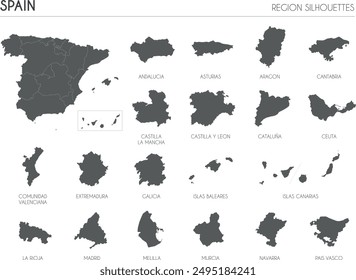 Spain region silhouettes set and blank map of the country isolated on white background. Vector illustration design
