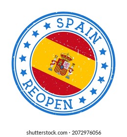 Spain Reopening Stamp. Round badge of country with flag of Spain. Reopening after lock-down sign. Vector illustration.