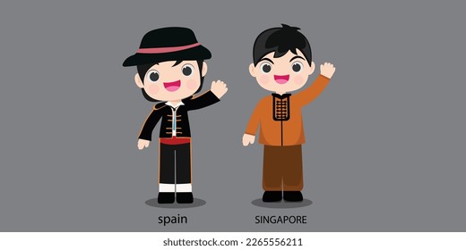 spain republc in national dress with a flag. Mal and  boy in traditional costume. Travel czeech singapore. People.illustrationa