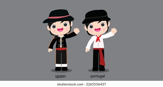 spain republc in national dress with a flag. Man and woman boy in traditional costume. Travel czeech portugal. People.illustrationa