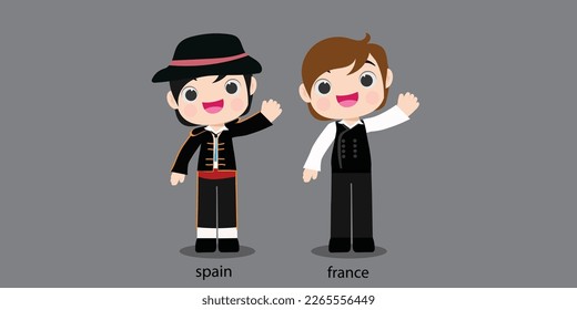 
spain republc in national dress with a flag. Man and woman boy in traditional costume. Travel czeech france. People.illustrationa