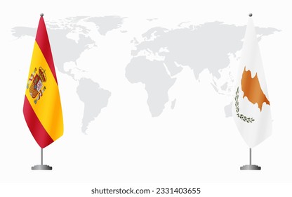 Spain and Republic of Cyprus flags for official meeting against background of world map.