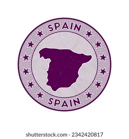 Vector de placa circular de España. Sello de campo con forma de España, aislamientos y nombre de país circular. Auténtico emblema. Ilustración vectorial con estilo.