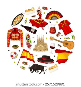 Spain Round Composition Design with Traditional Symbol and Object Vector Template