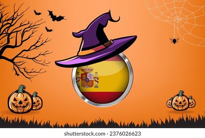 spain round flag with Happy Halloween banner or party invitation background. bats, spiders and pumpkins, orange background