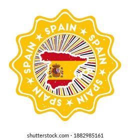 Spain round grunge stamp with country map and country flag. Vintage badge with circular text and stars, vector illustration.