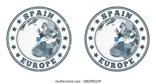 Spain round logos. Circular badges of country with map of Spain in world context. Plain and textured country stamps. Vector illustration.