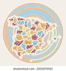 Spain Round Poster. Typography style image of Country. Regions word clouds of Spain. Vintage image design with scratch texture.