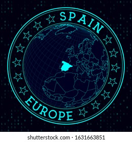 Spain round sign. Futuristic satellite view of the world centered to Spain. Country badge with map, round text and binary background. Attractive vector illustration.