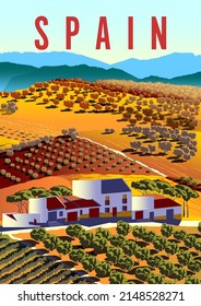 Paisaje rural español con rancho, viñedos, olivares, campos y colinas en el fondo. Ilustración de vector de dibujo hecha a mano. Afiche de estilo Art Déco.