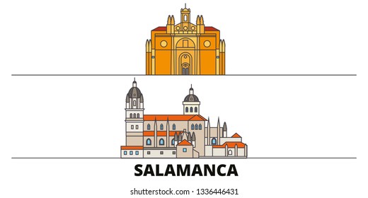 Spain, Salamanca flat landmarks vector illustration. Spain, Salamanca line city with famous travel sights, skyline, design. 