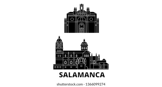 Spain, Salamanca flat travel skyline set. Spain, Salamanca black city vector panorama, illustration, travel sights, landmarks, streets.