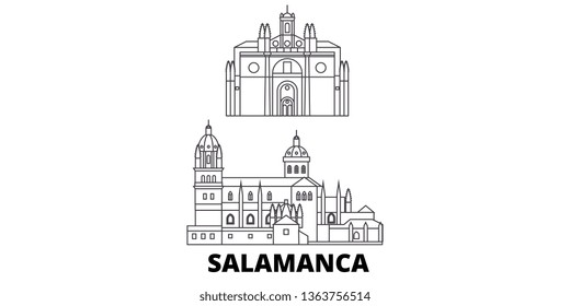 Spain, Salamanca line travel skyline set. Spain, Salamanca outline city vector illustration, symbol, travel sights, landmarks.