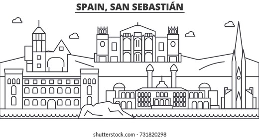 Spain, San Sebastian architecture line skyline illustration. Linear vector cityscape with famous landmarks, city sights, design icons. Landscape wtih editable strokes