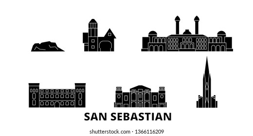 Spain, San Sebastian flat travel skyline set. Spain, San Sebastian black city vector illustration, symbol, travel sights, landmarks.