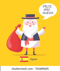 Spain and Santa Claus posters collection, old man with beard wearing traditional costume and red bag with presents, flag vector illustration