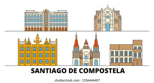 Spain, Santiago De Compostela flat landmarks vector illustration. Spain, Santiago De Compostela line city with famous travel sights, skyline, design. 