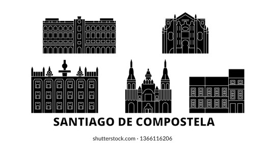 Spain, Santiago De Compostela flat travel skyline set. Spain, Santiago De Compostela black city vector illustration, symbol, travel sights, landmarks.