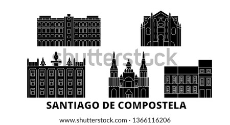 Spain, Santiago De Compostela flat travel skyline set. Spain, Santiago De Compostela black city vector illustration, symbol, travel sights, landmarks.