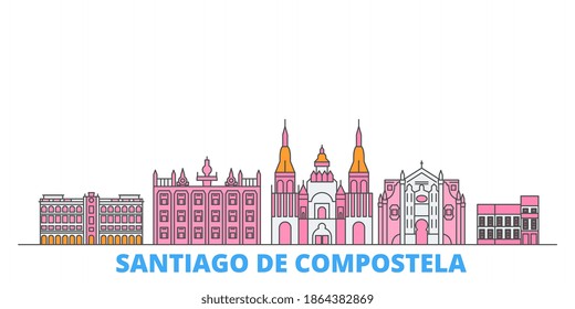 Spain, Santiago De Compostela line cityscape, flat vector. Travel city landmark, oultine illustration, line world icons