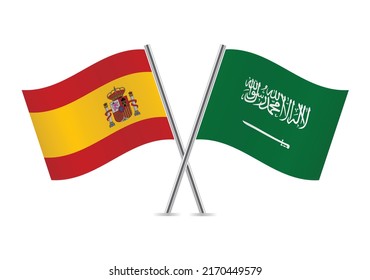 España y Arabia Saudita cruzaron banderas. Banderas españolas y sauditas de fondo blanco. Conjunto de iconos del vector. Ilustración vectorial.