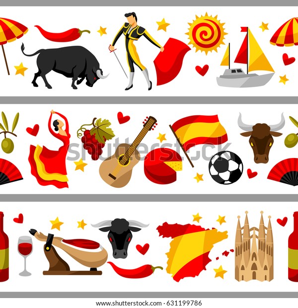 Spain seamless border. Spanish traditional\
symbols and objects.