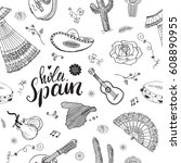 Spain seamless pattern doodle elements, Hand drawn sketch spanish traditional guitars, dress and music instruments, map of spain and lettering - hola spain. vector illustration background.