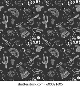 Spain seamless pattern doodle elements, Hand drawn sketch spanish traditional guitars, dress and music instruments, map and lettering - hola spain. vector illustration background.