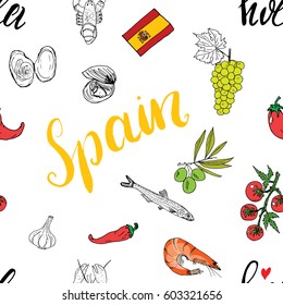 Spain seamless pattern doodle elements, Hand drawn sketch spanish food shrimps, olives, grape, flag and lettering. vector illustration background