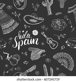 Spain seamless pattern doodle elements, Hand drawn sketch spanish traditional guitars, dress and music instruments, map of spain and lettering - hola spain. vector illustration background.