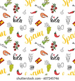 Spain seamless pattern doodle elements, Hand drawn sketch spanish food shrimps, olives, grape, flag and lettering. vector illustration background