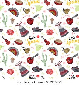 Spain seamless pattern doodle elements, Hand drawn sketch spanish traditional guitars, dress and music instruments, map of spain and lettering - hola spain. vector illustration background.