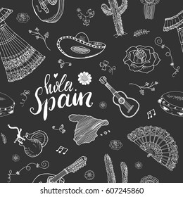 Spain seamless pattern doodle elements, Hand drawn sketch spanish traditional guitars, dress and music instruments, map of spain and lettering - hola spain. vector illustration background.