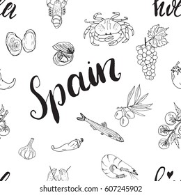 Spain seamless pattern doodle elements, Hand drawn sketch spanish food shrimps, olives, grape, flag and lettering. vector illustration background