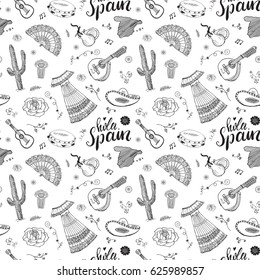 Spain seamless pattern doodle elements, Hand drawn sketch spanish traditional guitars, dress and music instruments, map of spain and lettering - hola spain. vector illustration background