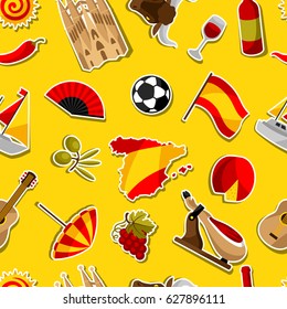 Spain seamless pattern. Spanish traditional sticker symbols and objects.