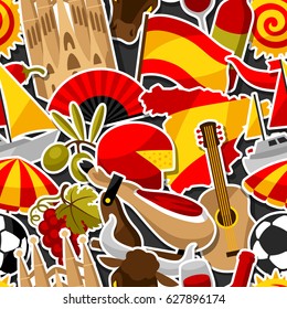 Spain seamless pattern. Spanish traditional sticker symbols and objects.