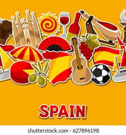 Spain seamless pattern. Spanish traditional sticker symbols and objects.