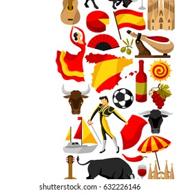 Spain seamless pattern. Spanish traditional symbols and objects.